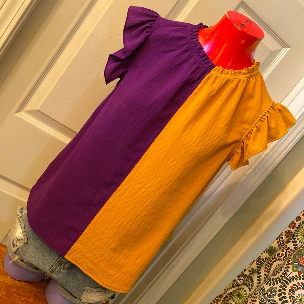 Ces Femme Purple and Yellow Asymmetrical Ruffled Blouse
